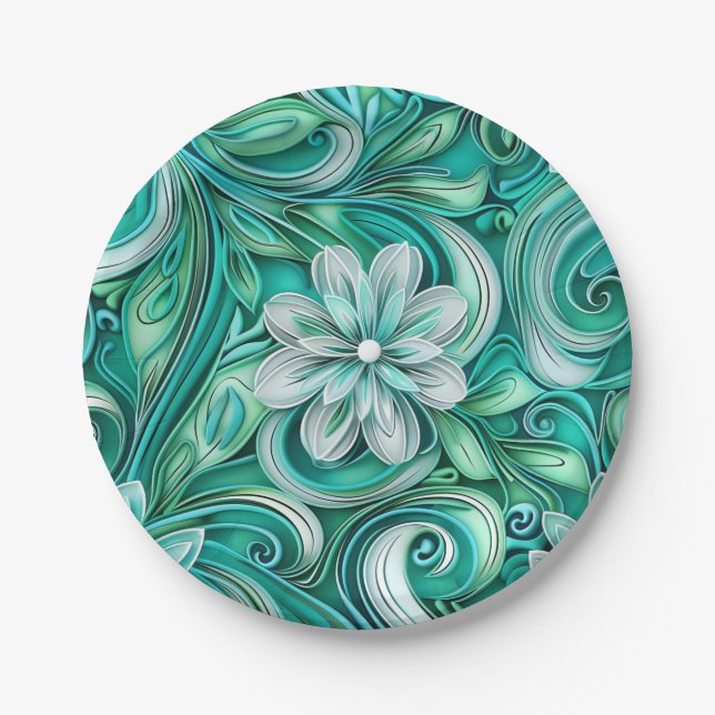 Plato De Papel Teal paper flower seamless pattern  (Anverso)