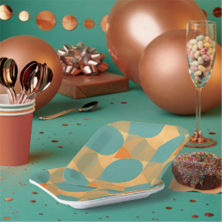 Plato De Papel Teal, Tan, and Orange in Retro Look Pattern