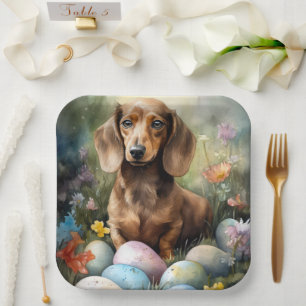 Plato De Papel Teckel con huevos de Pascua