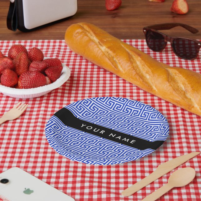 Plato De Papel Tecla De Meander Griega H Azul, Su Nombre, Persona (Picnic)