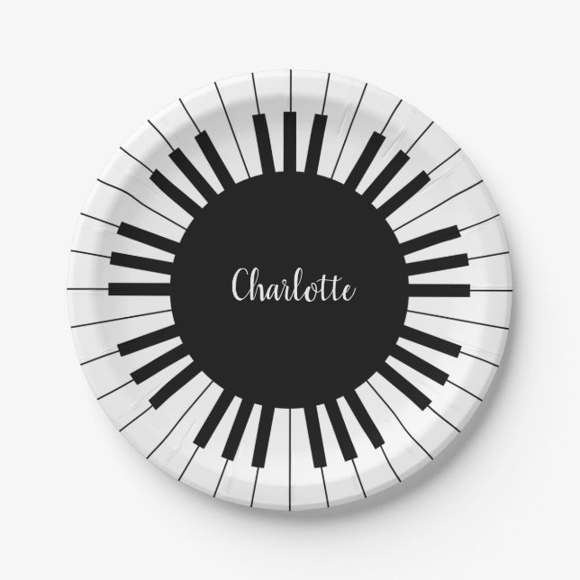 Plato De Papel Teclas de piano en blanco y negro con nombre perso (Anverso)