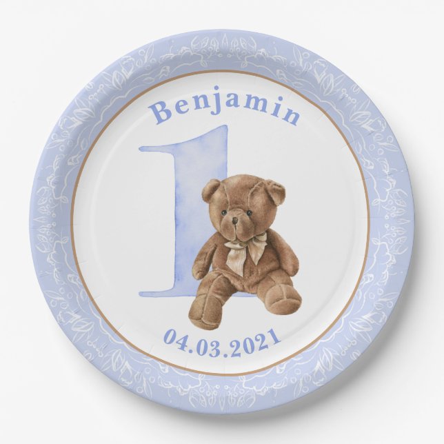 Plato De Papel Teddy Bear 1ª Placa de papel de cumpleaños (Anverso)