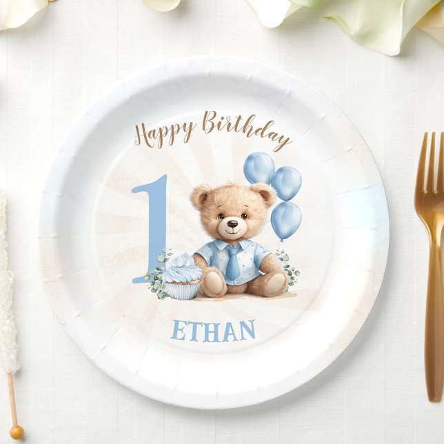 Plato De Papel Teddy Bear 1er cumpleaños Blue Balloons Placas de  (Teddy Bear 1st Birthday Blue Balloons Paper Plates)