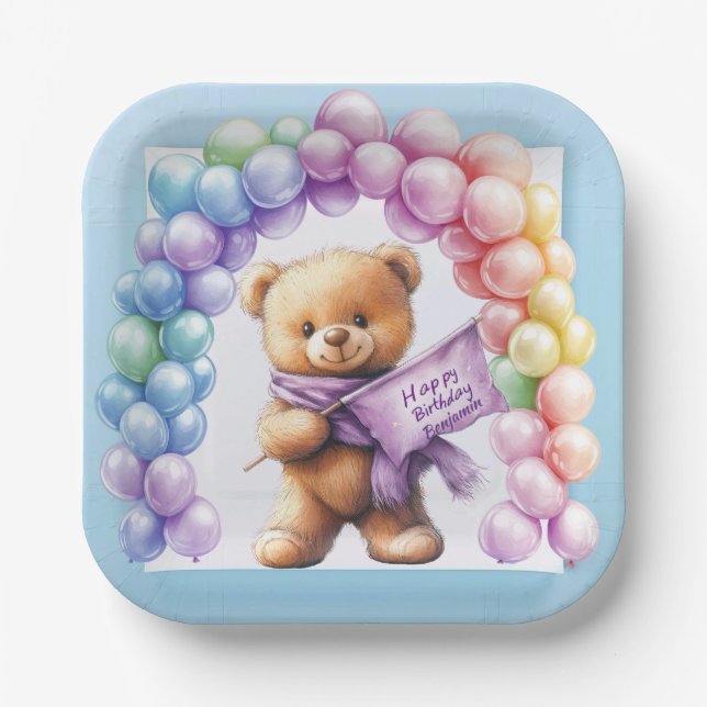 Plato De Papel Teddy Bear 1er cumpleaños Globos coloridos (Anverso)