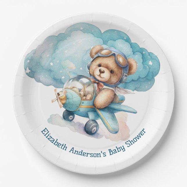 Plato De Papel Teddy Bear Airplane Boy Baby Shower (Anverso)