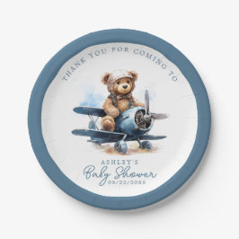 Plato De Papel Teddy Bear Airplane Watercolor Boy Baby Shower
