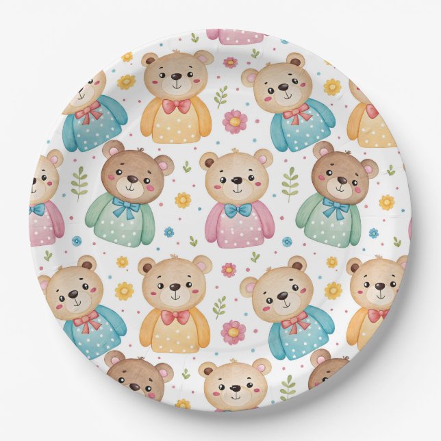 Plato De Papel Teddy bear and flowers (Anverso)