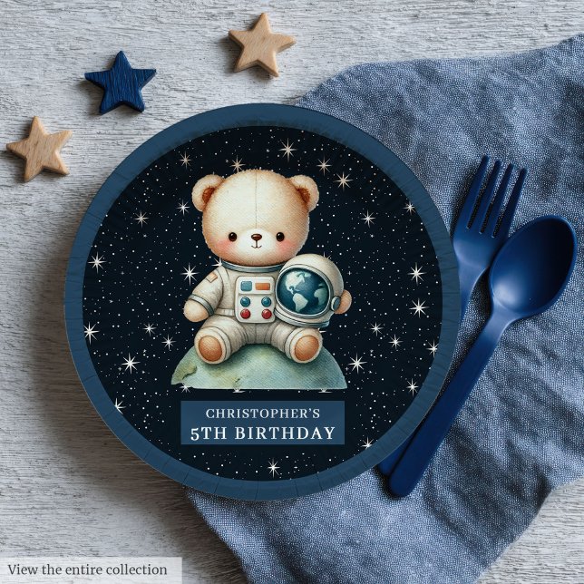 Plato De Papel Teddy Bear Astronauta Nombre personalizado Baby Sh (Teddy Bear Astronaut Custom Name Baby Shower Plates)