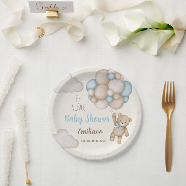 Plato De Papel Teddy Bear Baby Shower Boy español (Boda)