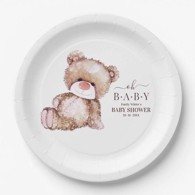 Plato De Papel Teddy Bear Baby Shower, Chica Baby Shower de oso r (Anverso)