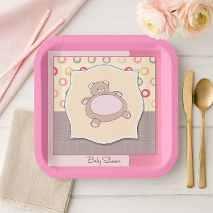Plato De Papel Teddy Bear Baby Shower con círculos retro
