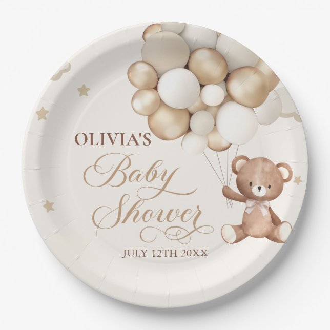 Plato De Papel Teddy Bear Balloon Bearly Wait Baby Shower (Anverso)