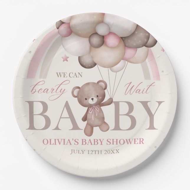 Plato De Papel Teddy Bear Balloon Bearly Wait Pink Baby Shower (Anverso)