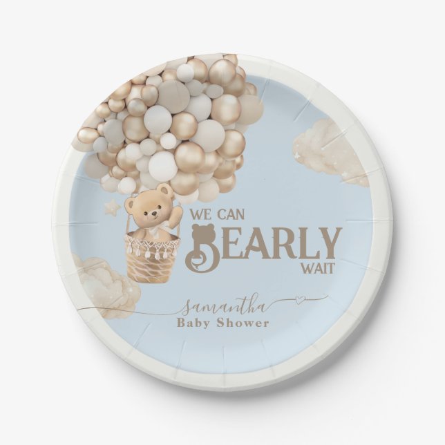 Plato De Papel Teddy Bear Balloon Boy Blue Baby Shower (Anverso)