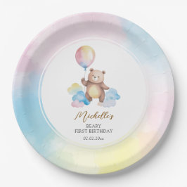 Plato De Papel Teddy Bear Balloon Clouds Beary First Birthday