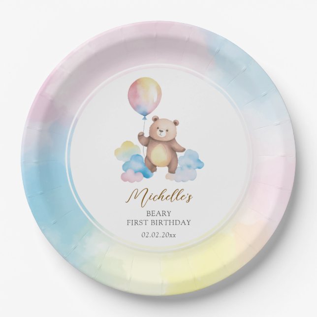 Plato De Papel Teddy Bear Balloon Clouds Beary First Birthday (Anverso)