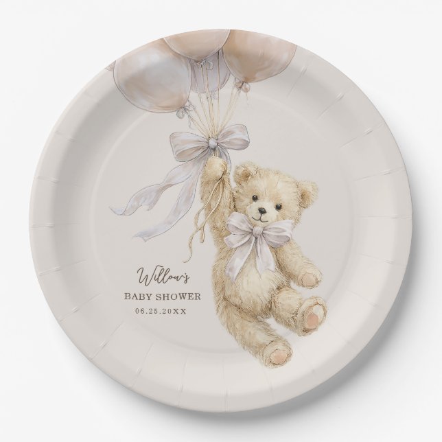 Plato De Papel Teddy Bear Balloons Baby Shower Paper Plates (Anverso)