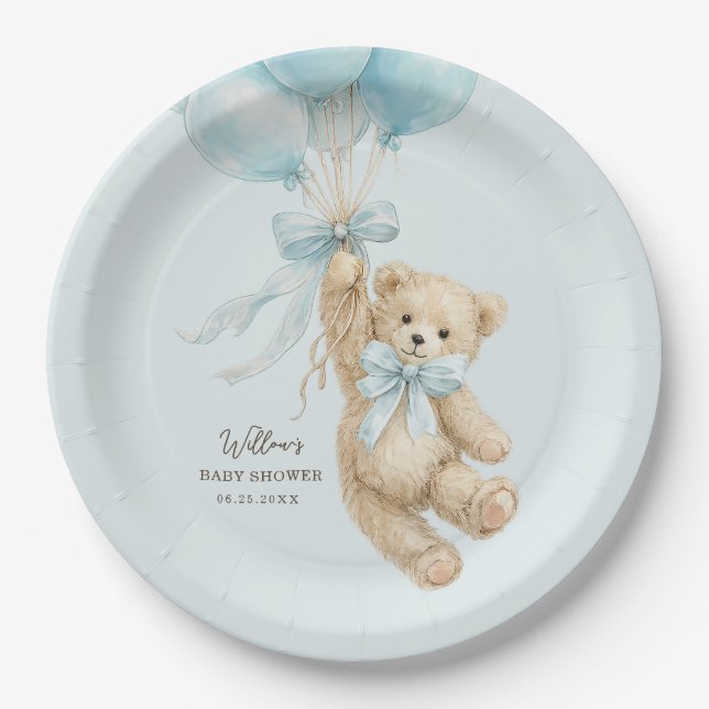 Plato De Papel Teddy Bear Balloons Baby Shower Paper Plates (Anverso)