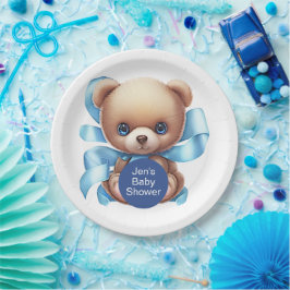 Plato De Papel Teddy Bear Blue Baby Shower