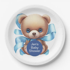 Plato De Papel Teddy Bear Blue Baby Shower