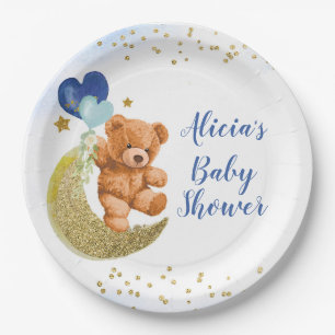 Plato De Papel Teddy Bear Blue Balloon Baby Shower Placa de papel