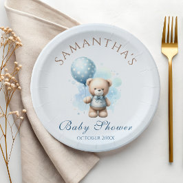Plato De Papel Teddy Bear Blue Balloon Bearly Baby Boy Shower