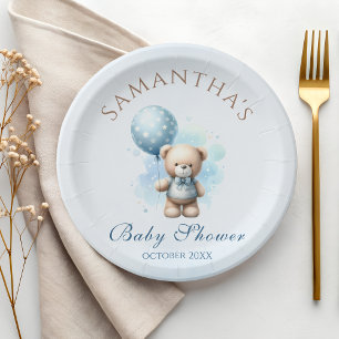 Plato De Papel Teddy Bear Blue Balloon Bearly Baby Boy Shower