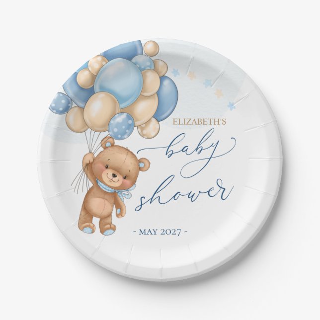 Plato De Papel Teddy Bear Blue Balloons Baby Shower (Anverso)