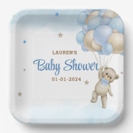 Plato De Papel Teddy Bear Blue Balloons Baby Shower