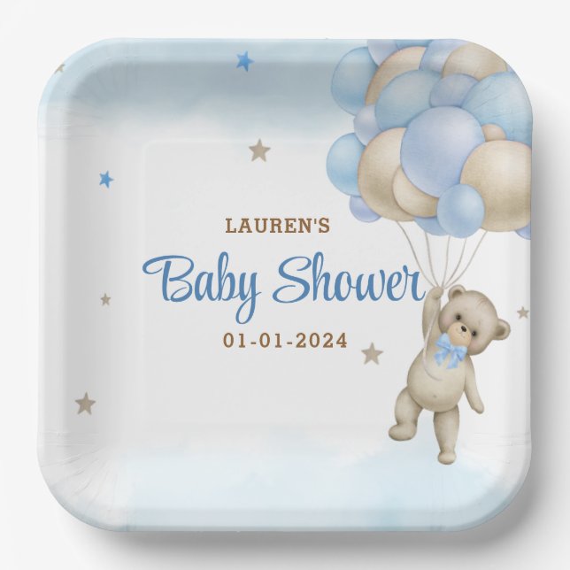 Plato De Papel Teddy Bear Blue Balloons Baby Shower (Anverso)