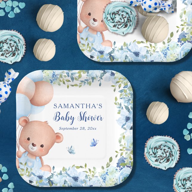 Plato De Papel Teddy Bear Blue Balloons Bearly Wait Baby Shower (Baby shower party plate with teddy Bear, balloons and blue wildflowers)