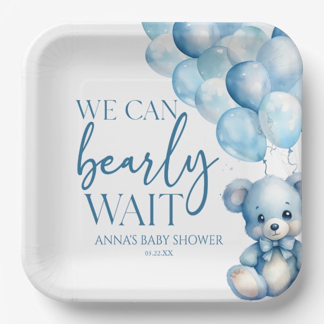 Plato De Papel Teddy Bear Blue Podemos Esperar Baby Shower (Anverso)