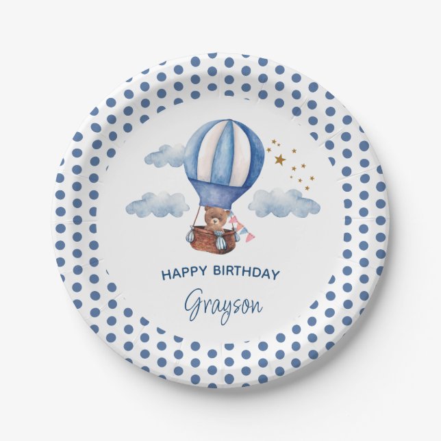 Plato De Papel Teddy Bear Blue primer cumpleaños (Anverso)
