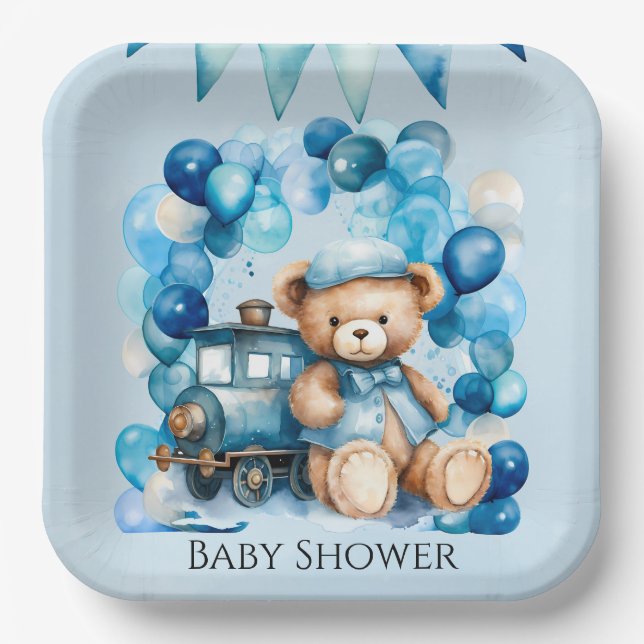 Plato De Papel Teddy Bear Blue Train Boy Baby Shower (Anverso)