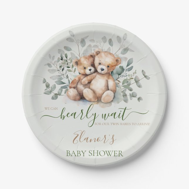 Plato De Papel Teddy Bear Boho Twins Género Neutral Baby Shower (Anverso)