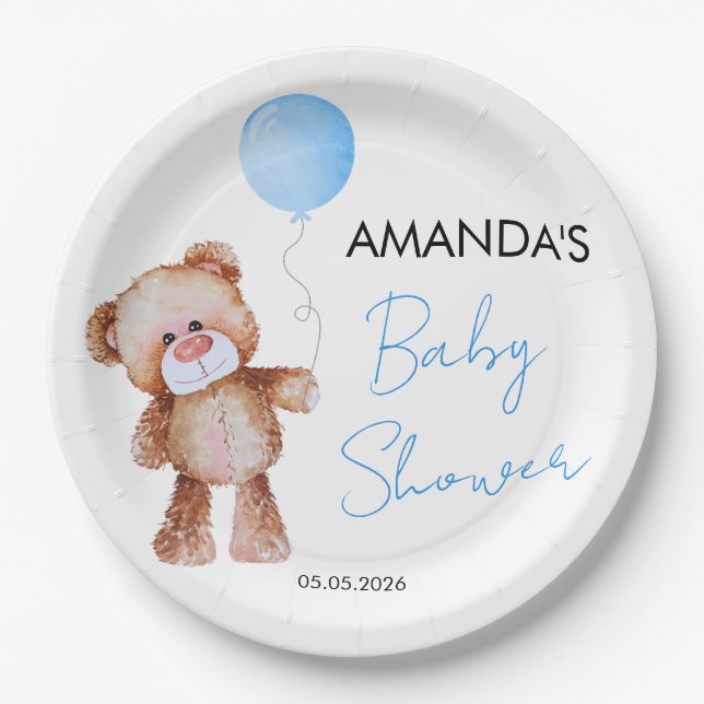 Plato De Papel Teddy Bear Boy Baby Shower (Anverso)