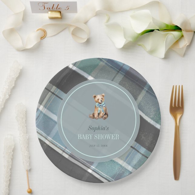 Plato De Papel Teddy Bear Boy Baby Shower Gris & Blue Plaid (Boda)