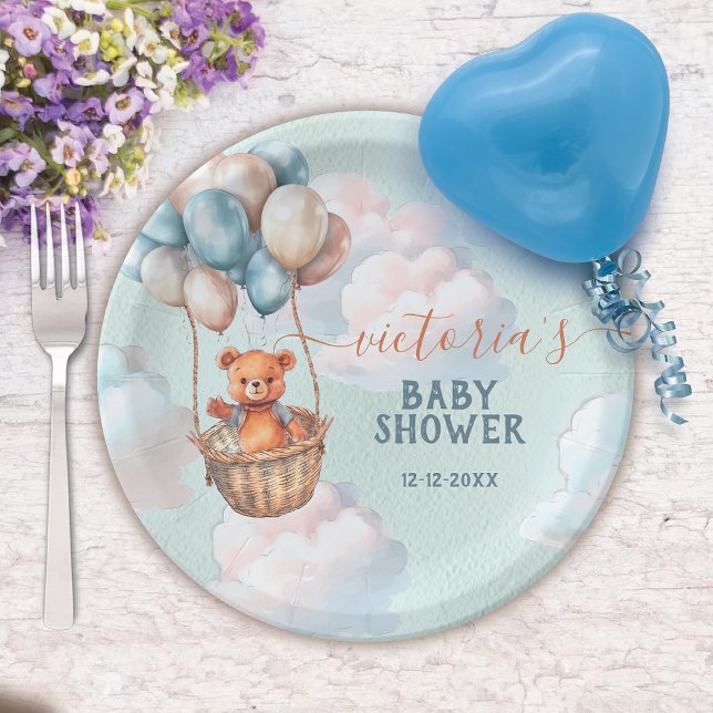 Plato De Papel Teddy Bear Boy Globo de aire caliente Baby Shower (Matching invitations available!)
