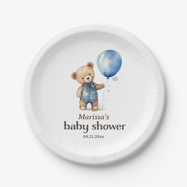 Plato De Papel Teddy Bear Boy placa de papel Baby Shower (Anverso)
