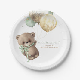 Plato De Papel Teddy Bear Brown Sage Gold Boho Baby Shower