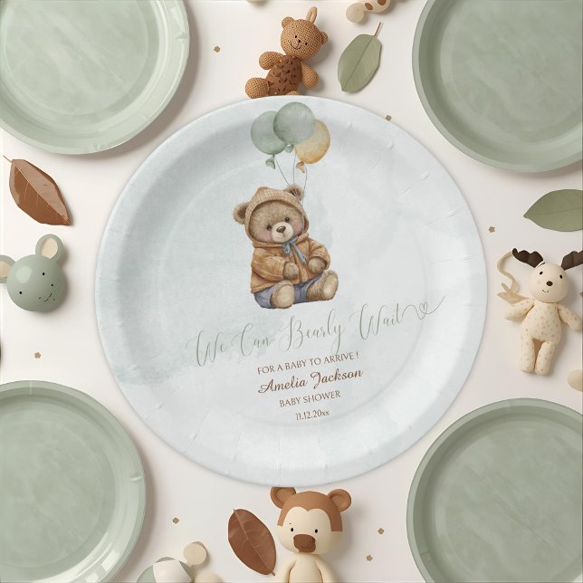 Plato De Papel Teddy Bear Brown Sage Green Balloons Baby (Subido por el creador)