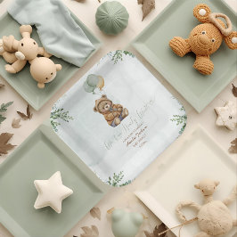 Plato De Papel Teddy Bear Brown Sage Green Balloons Baby