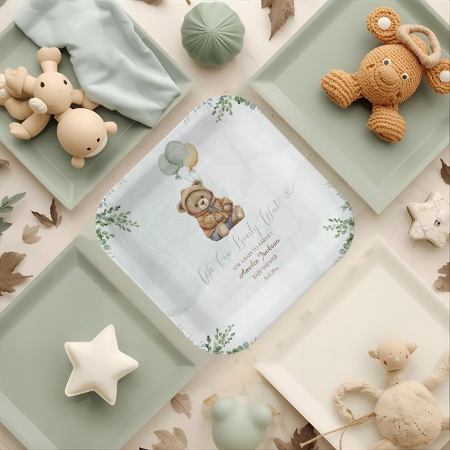 Plato De Papel Teddy Bear Brown Sage Green Balloons Baby (Subido por el creador)