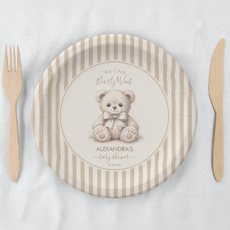 Plato De Papel Teddy Bear & Brown Stripes Bearly Wait Baby Shower