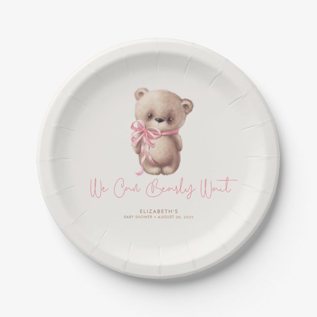 Plato De Papel Teddy Bear Brown y Baby Shower rosa (Anverso)