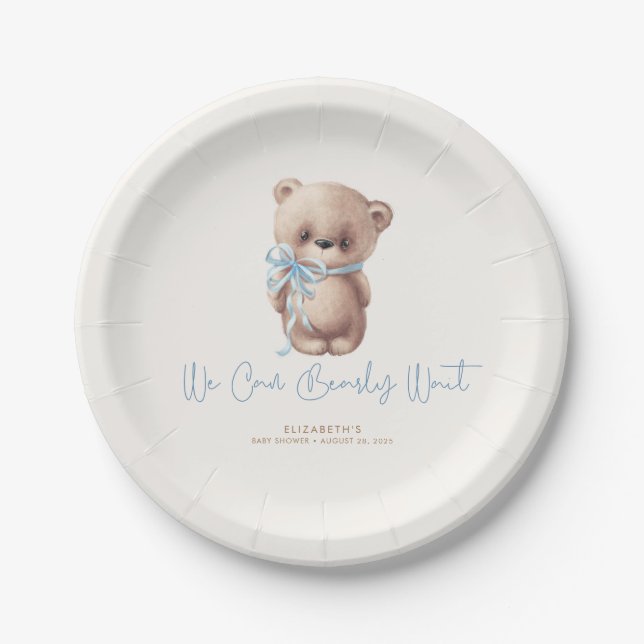 Plato De Papel Teddy Bear Brown y Blue Baby Shower (Anverso)