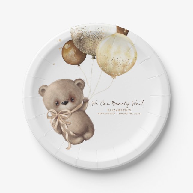 Plato De Papel Teddy Bear Brown y Gold Boho Baby Shower (Anverso)