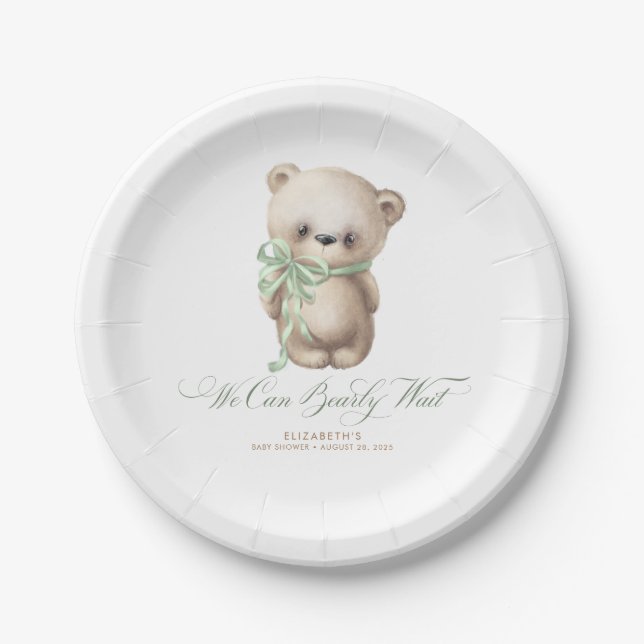 Plato De Papel Teddy Bear Brown y Sage Baby Shower (Anverso)