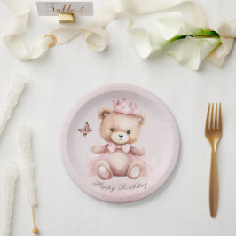Plato De Papel Teddy Bear Chicas de acuarela rosa Cumpleaños