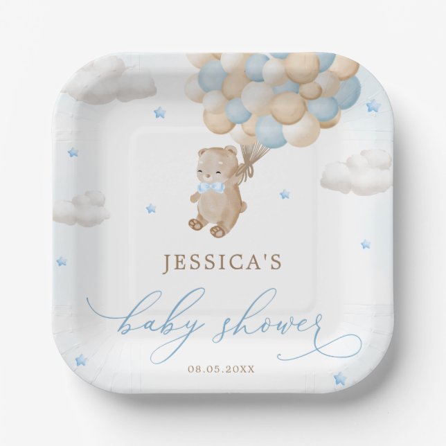 Plato De Papel Teddy Bear con Blue Balloons Baby Shower (Anverso)